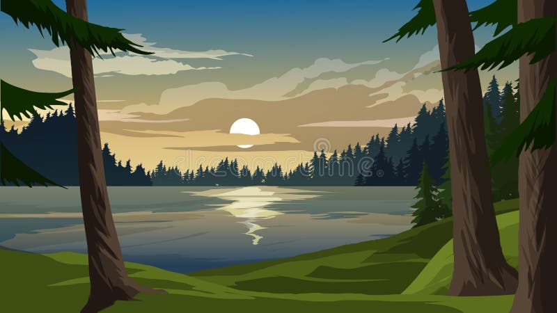 Vector Lake Landscape at Sunset Stock Vector - Illustration of environment,  landscape: 236951993