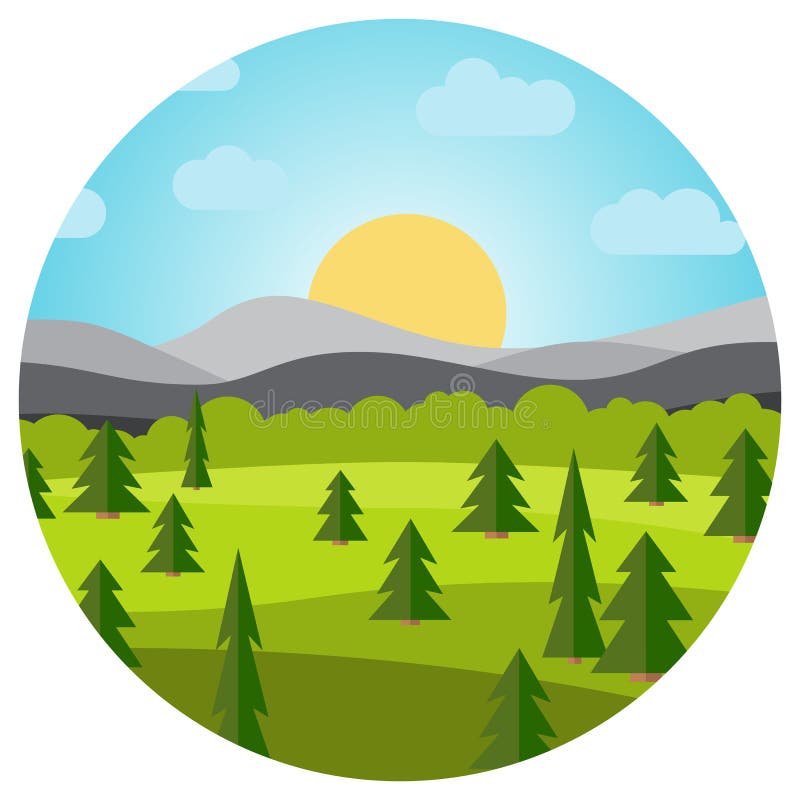Vector Landscape with Field and Trees and Mountains in Circle Stock