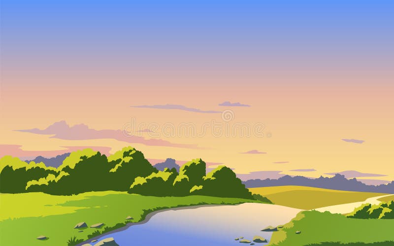 Vector landscape with river, sky and clouds. Anime cartoon style.