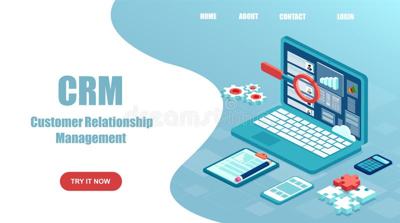 Vector website template of a laptop with customer, client relationship management software system. Customer relationship software banner vectors