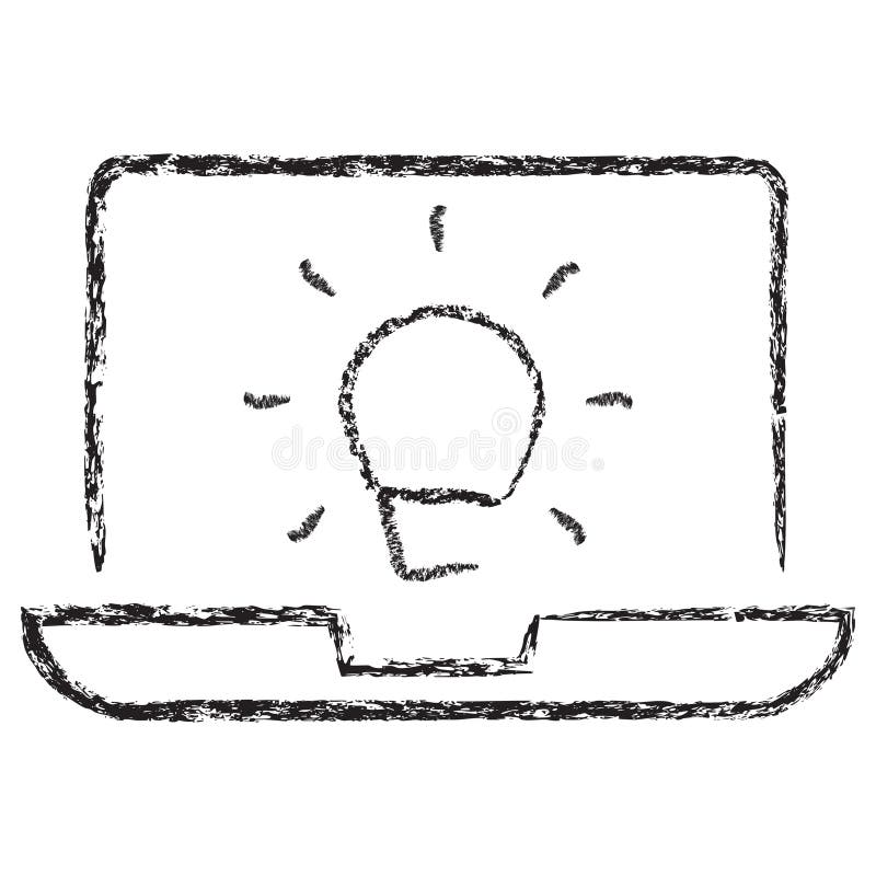Vector laptop icon with glowing lightbulb. Dark brown textured charcoal sketch vector illustration
