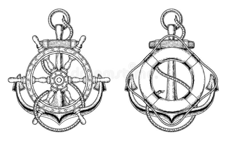 Two vector illustrations of a sea anchors with a wooden ship steering wheel and life ring in the engraving style. Print for T-shirts. Two vector illustrations of a sea anchors with a wooden ship steering wheel and life ring in the engraving style. Print for T-shirts