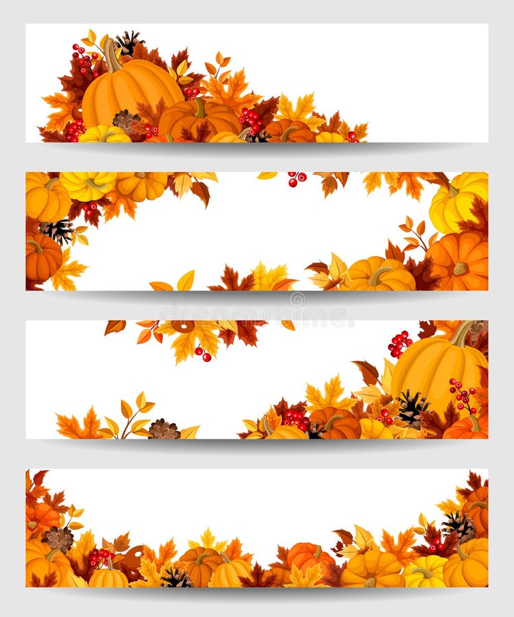 Vector las banderas con las calabazas y las hojas de otoño anaranjadas stock de ilustración Vector las banderas con las calabazas y las hojas de otoño anaranjadas stock de ilustración