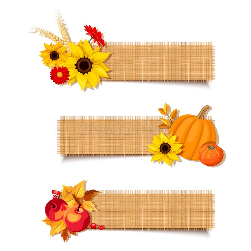 Vector las banderas del otoño con las calabazas, las flores y las manzanas stock de ilustración Vector las banderas del otoño con las calabazas, las flores y las manzanas stock de ilustración