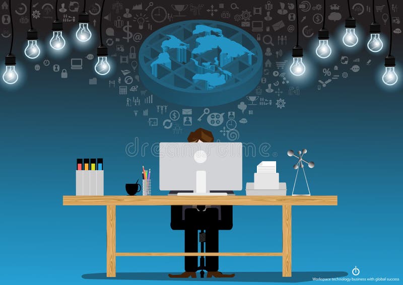 Vector le idee di 'brainstorming' dell'uomo d'affari per usando la tecnologia per comunicare con un computer, una stampatrice, gl royalty illustrazione gratis