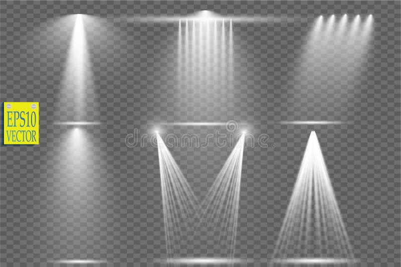 Vector le sorgenti luminose, concerti l'illuminazione, riflettori della fase messi Concerti il riflettore con il fascio, rifletto illustrazione vettoriale