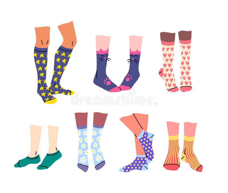 Vector Legs in Socks with Different Colorful Patterns and Prints Doodle Set. Isolated Various
