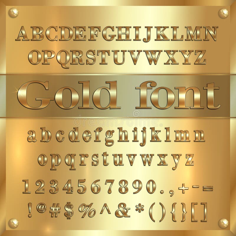 Vector letras, dígitos e a pontuação revestidos ouro do alfabeto no fundo dourado
