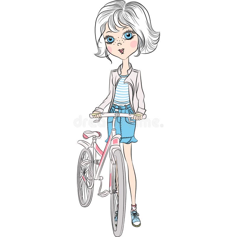 Vector leuk meisje met fiets stock illustratie Vector leuk meisje met fiets stock illustratie
