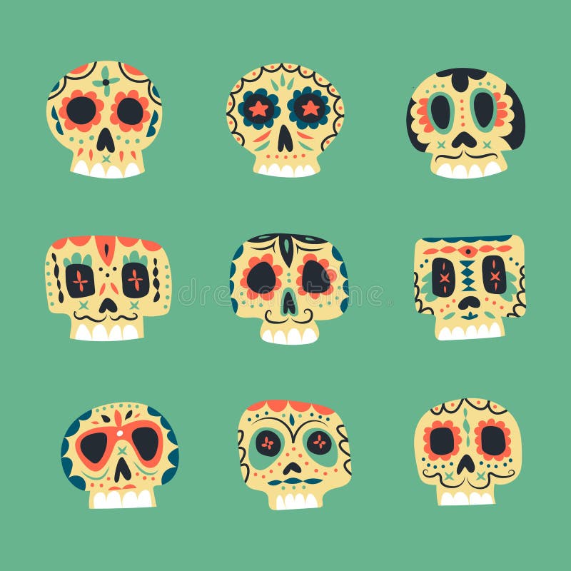 Vector illustraties van schattige etnische Mexicaanse schedels stock illustratie