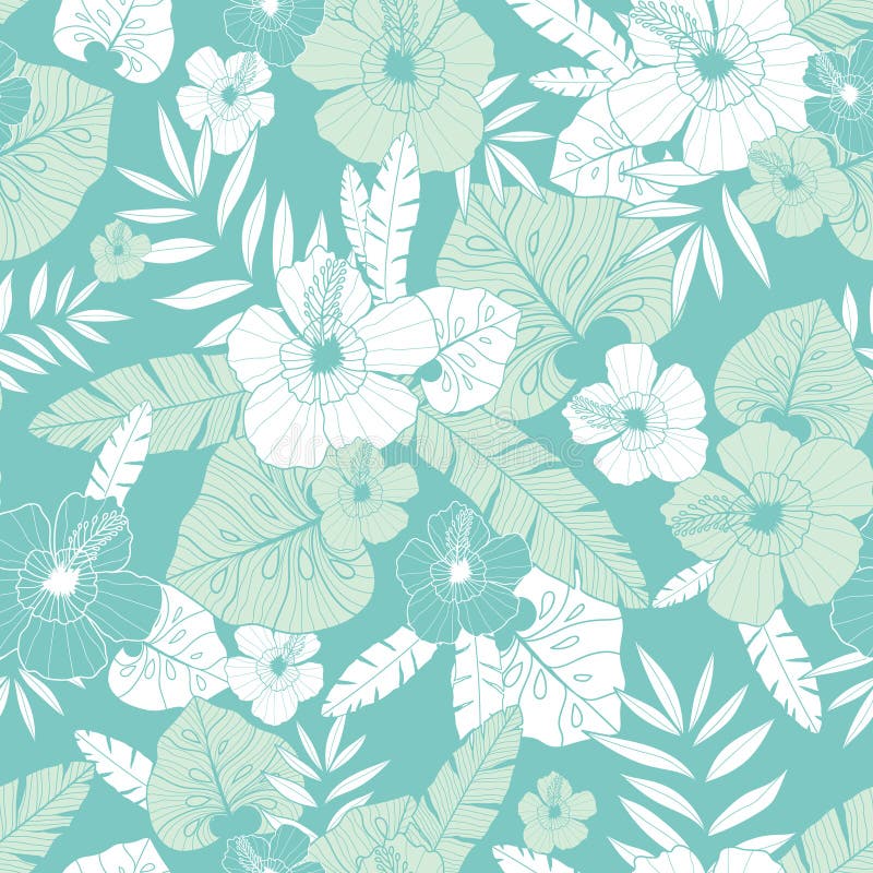 Vector lichtgroen en blauw tropisch de zomer Hawaiiaans naadloos patroon met tropische installaties, bladeren, en hibiscusbloemen vector illustratie Vector lichtgroen en blauw tropisch de zomer Hawaiiaans naadloos patroon met tropische installaties, bladeren, en hibiscusbloemen vector illustratie