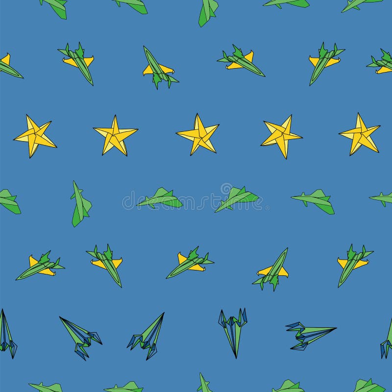 Vector Light Blue Origami Paper Airplane and Rocket Background Pattern