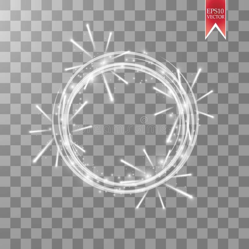 Vector light ring. Round shiny frame with lights firework and dust trail particles isolated on transparent background.