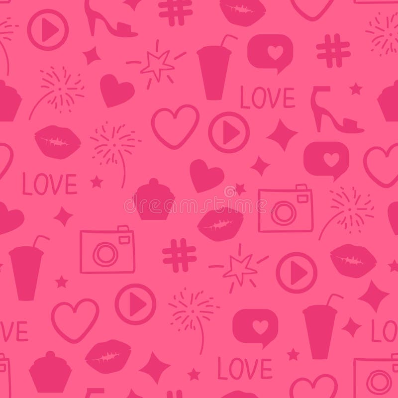 Vector Like girly pattern. Abstract pink icon texture Seamless design surface background. Kiss, like, heart, camera, beauty party.