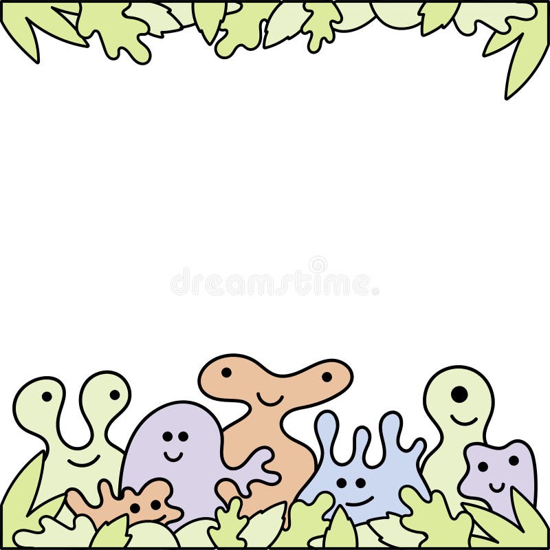 Vector line drawing. Doodle illustration. Cute monsters peek out of the leaves royalty free illustration Vector line drawing. Doodle illustration. Cute monsters peek out of the leaves royalty free illustration