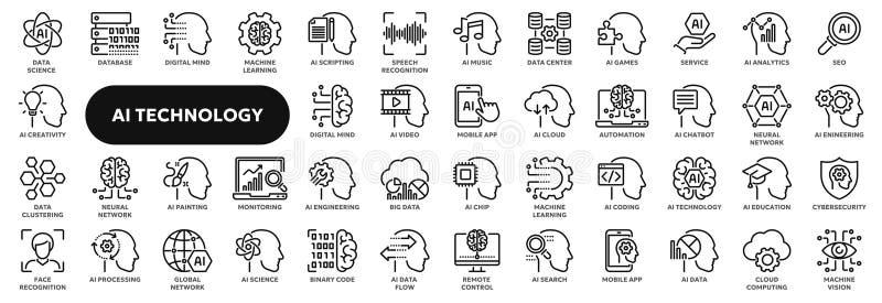 Vector line icons of artificial intelligence and machine learning royalty free illustration