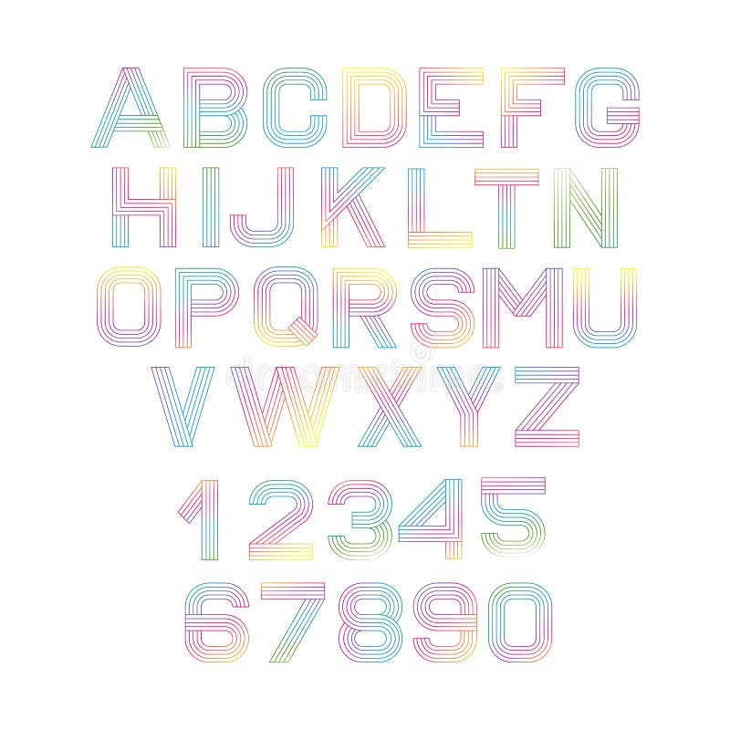 Vector linear font. Alphabet multicolored lines. Simple and minimalist alphabet in mono line style.Digital alphabet royalty free illustration Vector linear font. Alphabet multicolored lines. Simple and minimalist alphabet in mono line style.Digital alphabet royalty free illustration