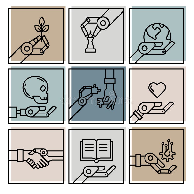Vector linear icons on multicolored backgrounds isolated on the theme of robots and automation. EPS 10. vector illustration