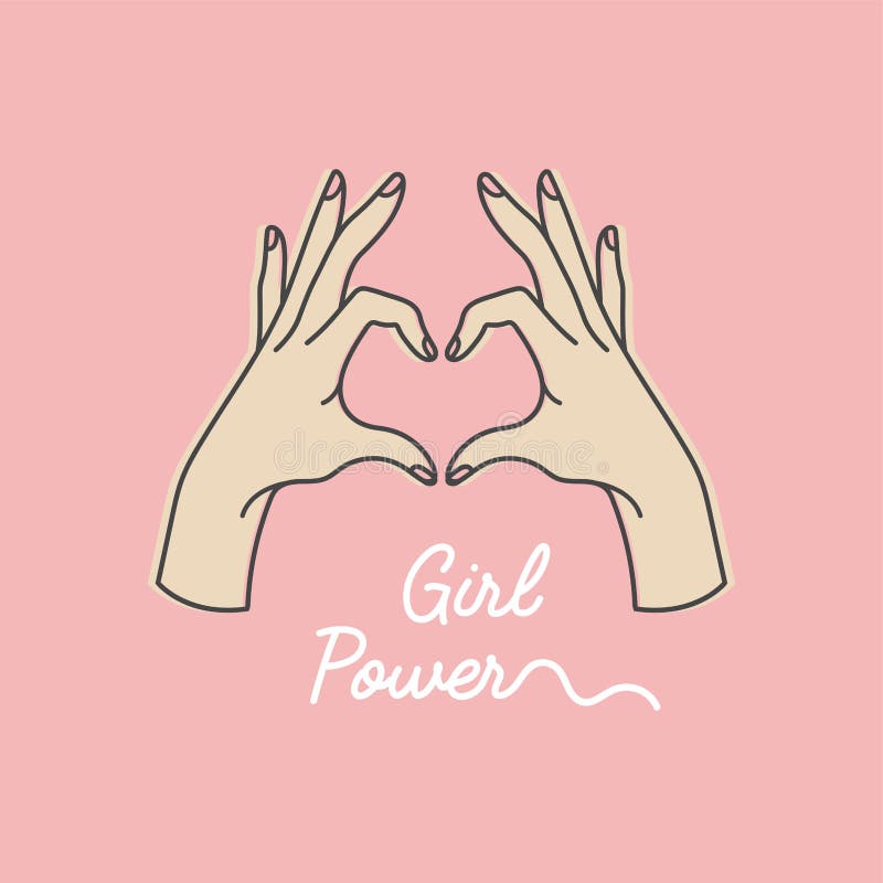 Vector linear illustration of female hands show heart silhouette. Heart shape. Concept illustration of girl power and