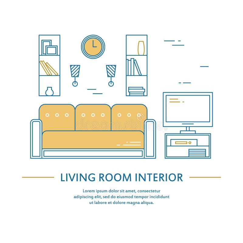 Vector Living Room Interior Design Brochure Cover In Line