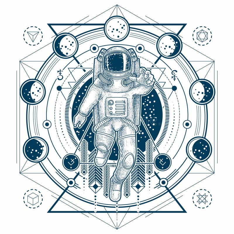 Vector lo schizzo di un tatuaggio con l'astronauta in una tuta spaziale e nelle fasi lunari illustrazione vettoriale Vector lo schizzo di un tatuaggio con l'astronauta in una tuta spaziale e nelle fasi lunari illustrazione vettoriale