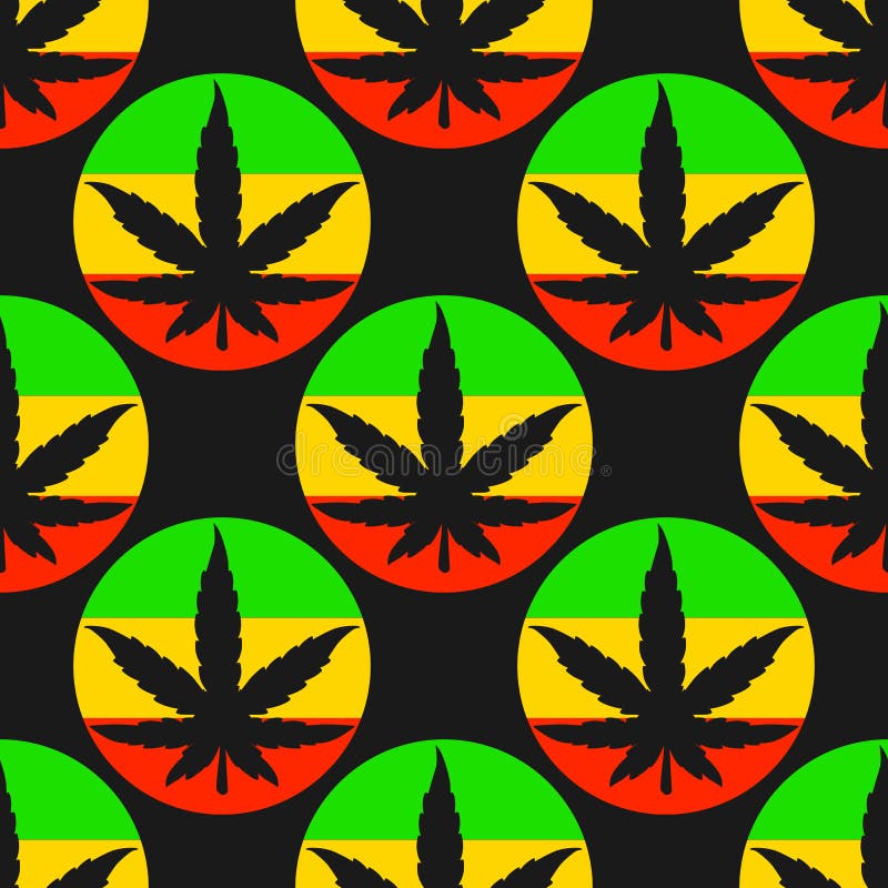 Vector lo strato senza cuciture della siluetta del modello della cannabis con i cerchi luminosi di rasta illustrazione di stock Vector lo strato senza cuciture della siluetta del modello della cannabis con i cerchi luminosi di rasta illustrazione di stock