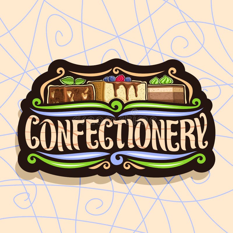 Vector logo for Confectionery, black signboard with chocolate brownie, slice of cheesecake covered glaze and fresh berry, cocoa dessert with mint cream, original brush typeface for word confectionery.