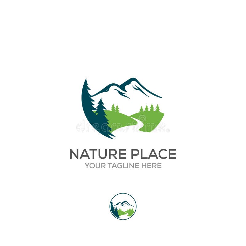 Vector logo of nature abstract elements. Round sacred symbol. Outline icon of landscape, mountains and river vector illustration