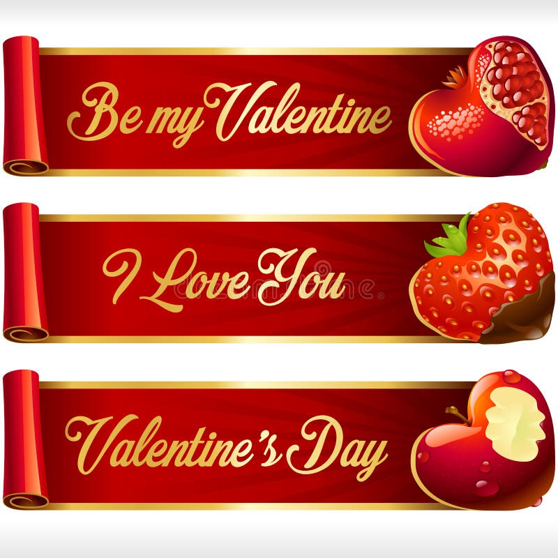 Vector los corazones de la fruta y las banderas horizontales de las cintas rojas fijados stock de ilustración Vector los corazones de la fruta y las banderas horizontales de las cintas rojas fijados stock de ilustración