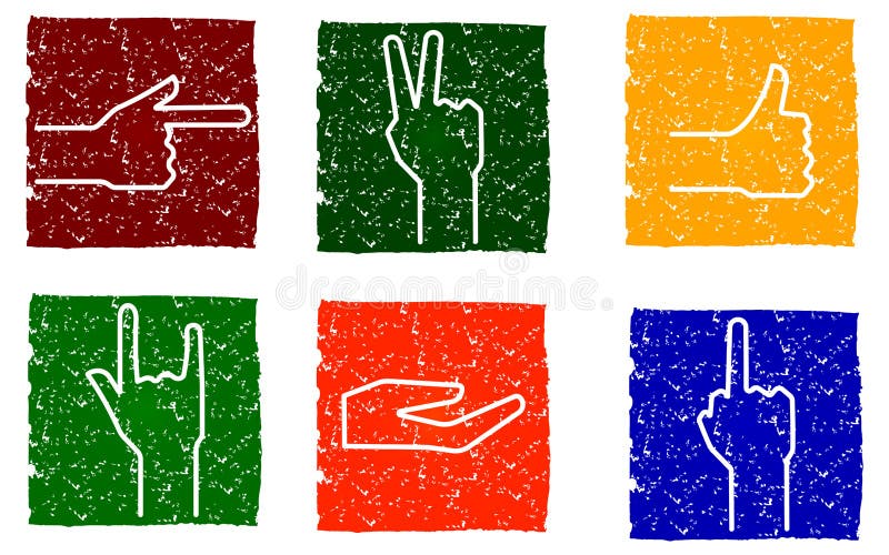 Vector los gestos multicolores alegres cuadrados de los iconos del grunge con las manos, símbolos para su diseño libre illustration Vector los gestos multicolores alegres cuadrados de los iconos del grunge con las manos, símbolos para su diseño libre illustration