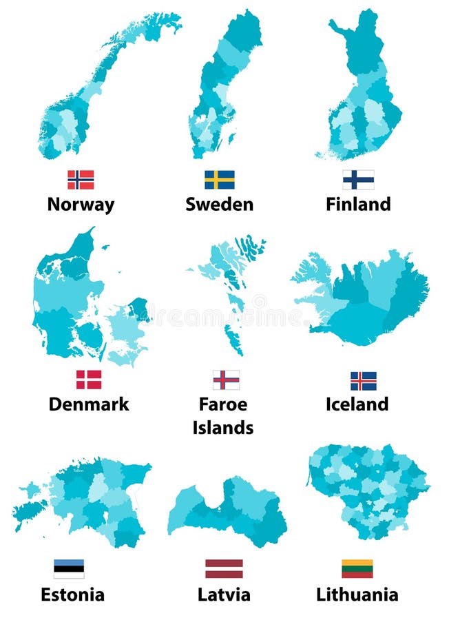 Vector los mapas y las banderas de los países de Europa con las fronteras de las regiones de las divisiones administrativas stock de ilustración Vector los mapas y las banderas de los países de Europa con las fronteras de las regiones de las divisiones administrativas stock de ilustración