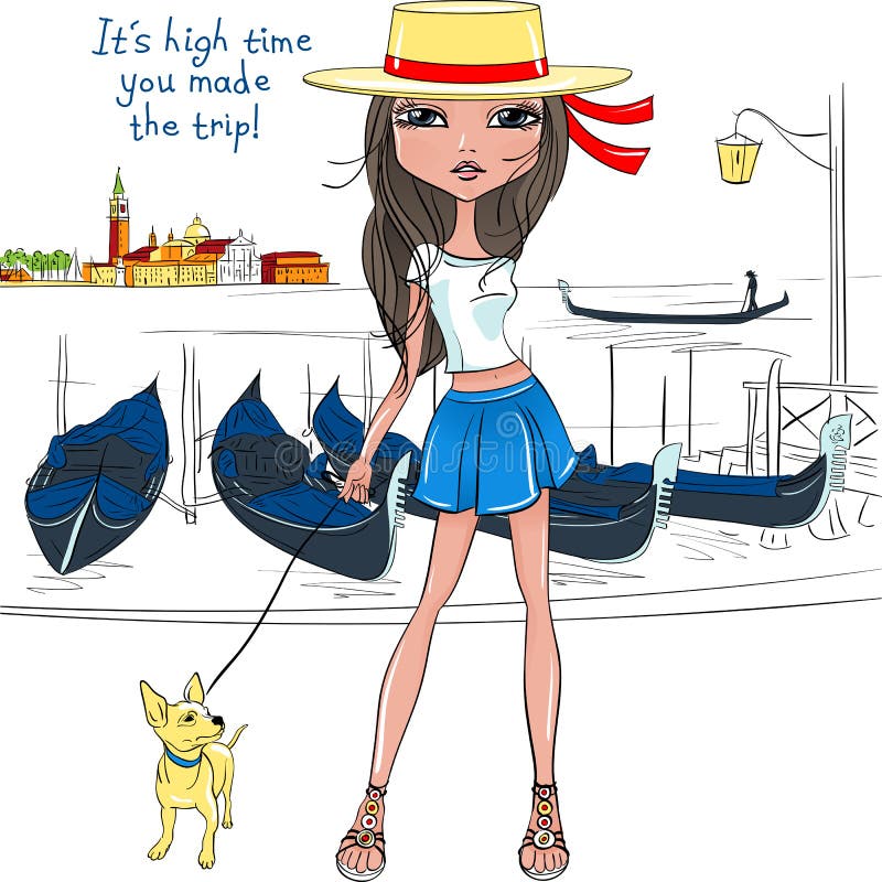 Lovely fashion girl in the hat like Gondolier wih dog on a Venice background in sketch-style. Lovely fashion girl in the hat like Gondolier wih dog on a Venice background in sketch-style