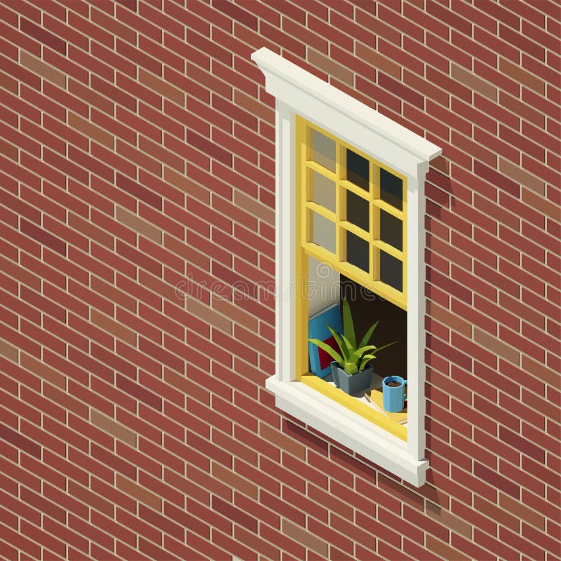Vector low poly isometric brick house window. stock illustration Vector low poly isometric brick house window. stock illustration