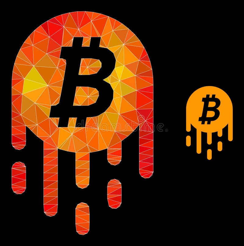 Low-poly melting bitcoin icon with fire colored gradient. Triangulated fire colored melting bitcoin polygonal icon illustration.