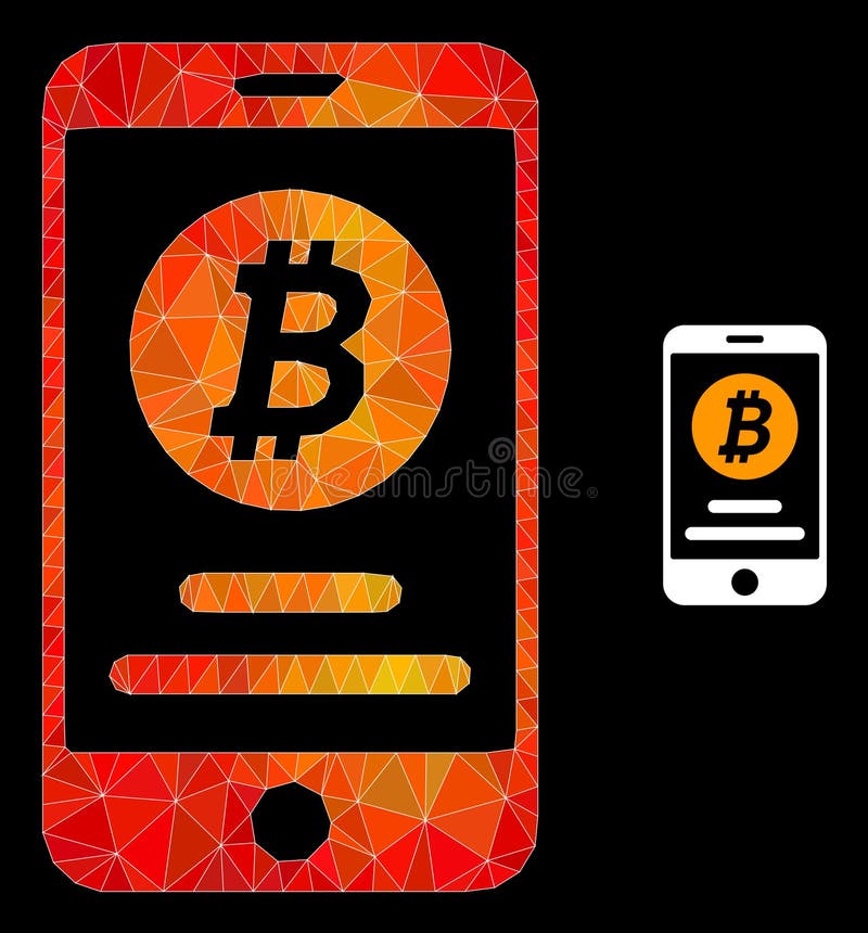 Low-poly mobile bitcoin account icon with fire colorful gradient. Triangulated fire vibrant mobile bitcoin account polygonal symbol illustration.