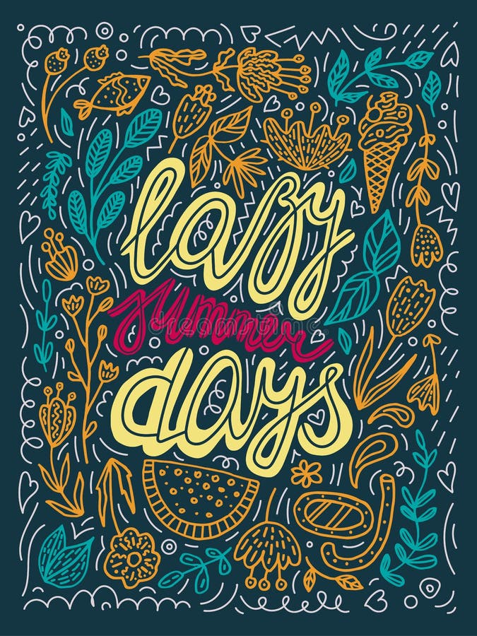 Vector luie de typografieillustratie van de zomerdagen in groene, gele, oranje, rode kleuren retro kalligrafie van letters voorzi stock illustratie Vector luie de typografieillustratie van de zomerdagen in groene, gele, oranje, rode kleuren retro kalligrafie van letters voorzi stock illustratie