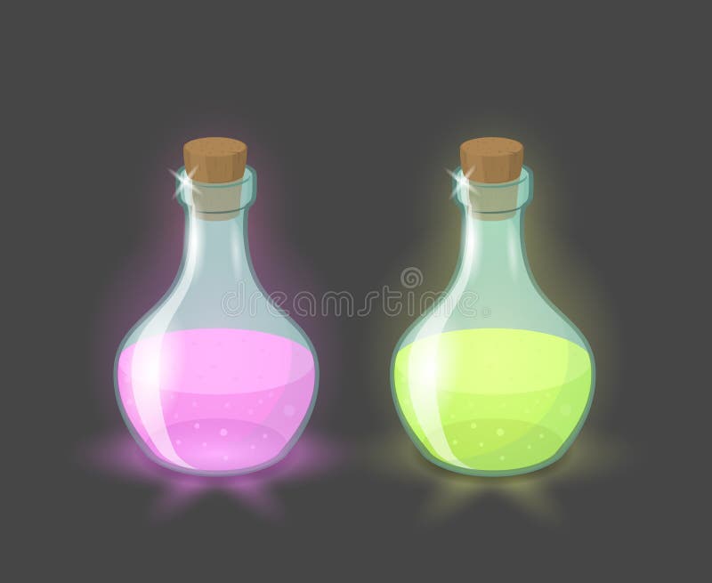 Vector magic bottles with pink and green drinks