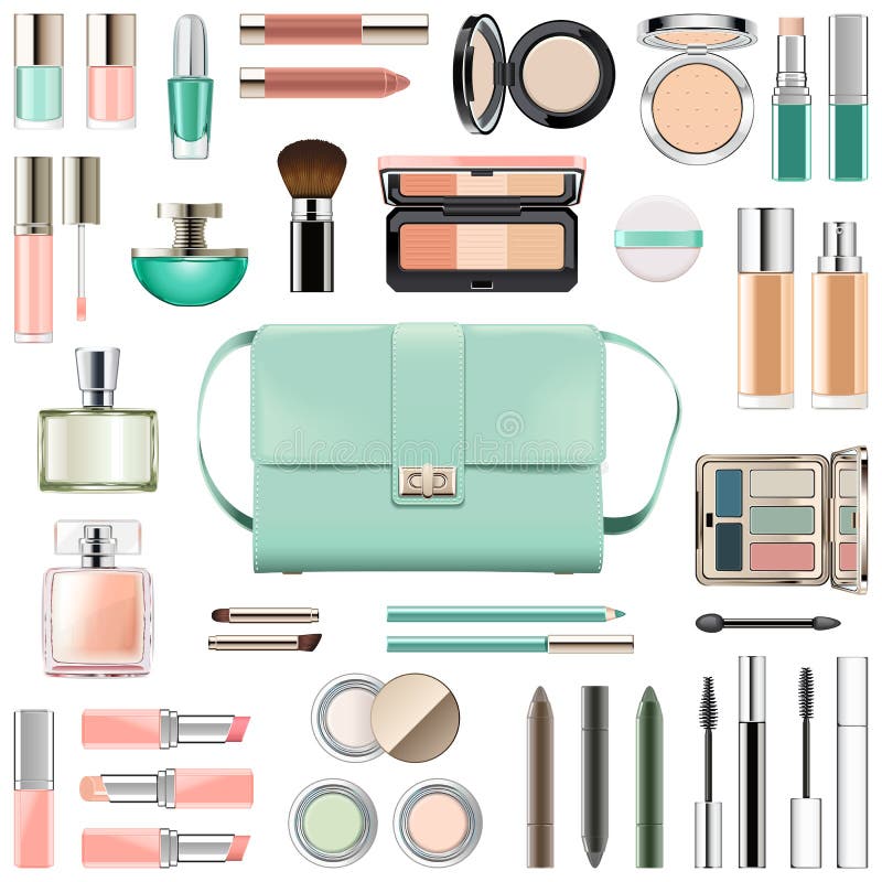 Vector Makeup Cosmetics with Mint Green Handbag royalty free illustration