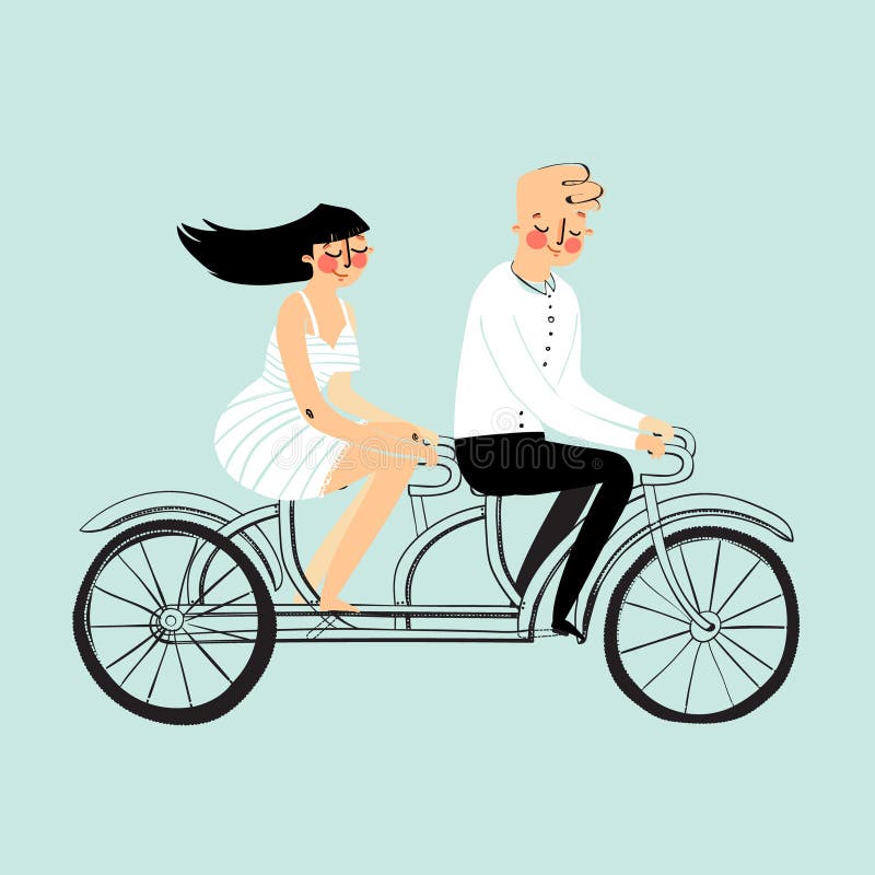 Vector Mann- und Frauencharakterpaare des flachen Designs die glücklichen junger, die lokalisiertes Tandemfahrrad fahren vektor abbildung Vector Mann- und Frauencharakterpaare des flachen Designs die glücklichen junger, die lokalisiertes Tandemfahrrad fahren vektor abbildung