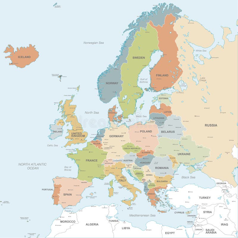 Europe Continent Map With Countries And Capitals Vector Map Of Europe Stock Vector. Illustration Of Concept - 124953831