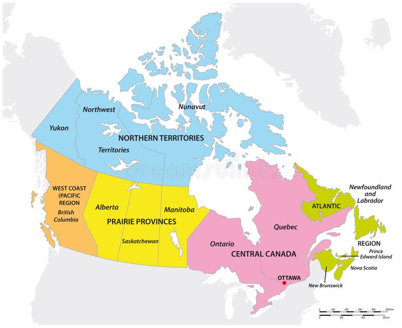 Vector Map of the Five Geographic Regions of Canada Stock Vector
