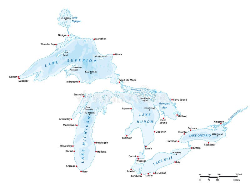 Vector map of the Great Lakes, USA, Canada