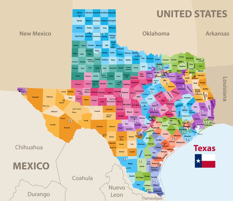 Vector map of Texas`s congressional districts since 2013. High detailed political map of Texas showing counties formations. Counties formations vectors