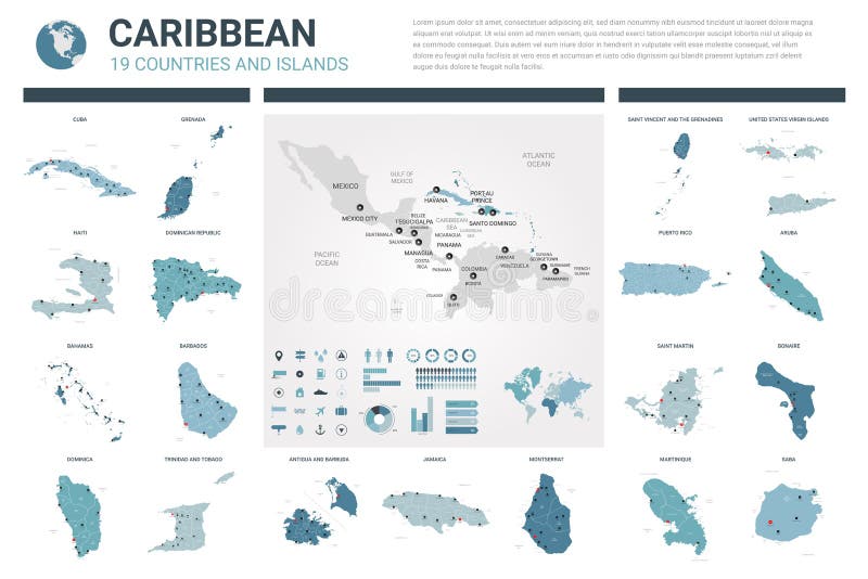 Vector maps set. High detailed 19 maps of Caribbean countries with administrative division and cities. Political map, map of stock illustration Vector maps set. High detailed 19 maps of Caribbean countries with administrative division and cities. Political map, map of stock illustration