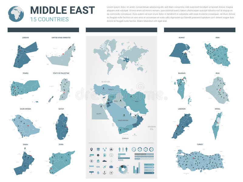 Vector maps set.  High detailed 15 maps of Middle East  countries with administrative division and cities. Political map, map of