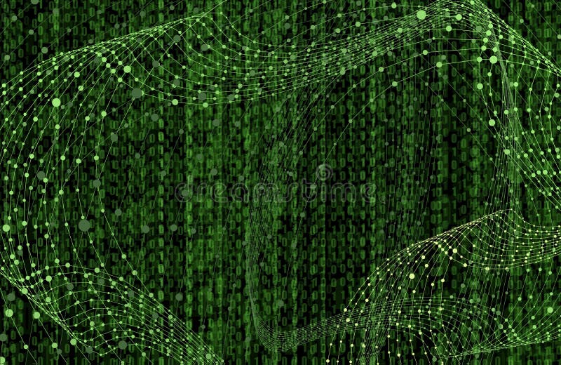 Vector Matrix Data Background, Bright Green Color, Binary Code Scientific Technology Backdrop. stock illustration