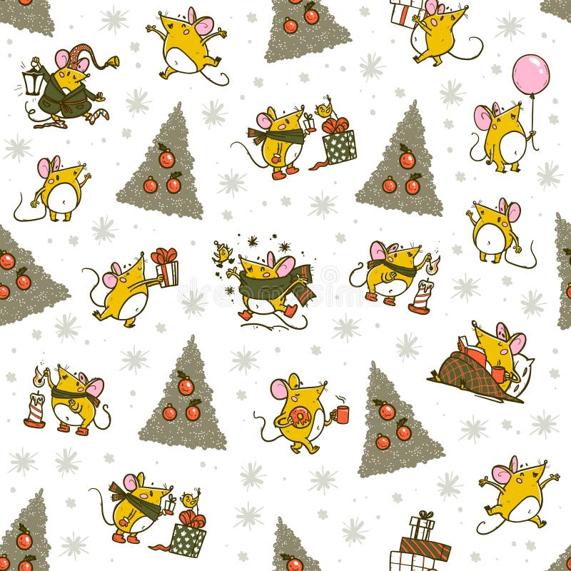 Vector Merry Christmas seamless pattern with hand drawn happy mice characters isolated. Mouse celebrate happy, jump, carry gifts.