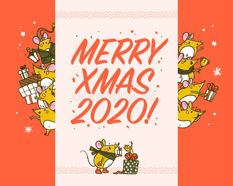 Vector Merry 2020圣诞祝贺概念,横幅文本贺词,手绘快乐冬鼠 库存例证 Vector Merry 2020圣诞祝贺概念,横幅文本贺词,手绘快乐冬鼠 库存例证