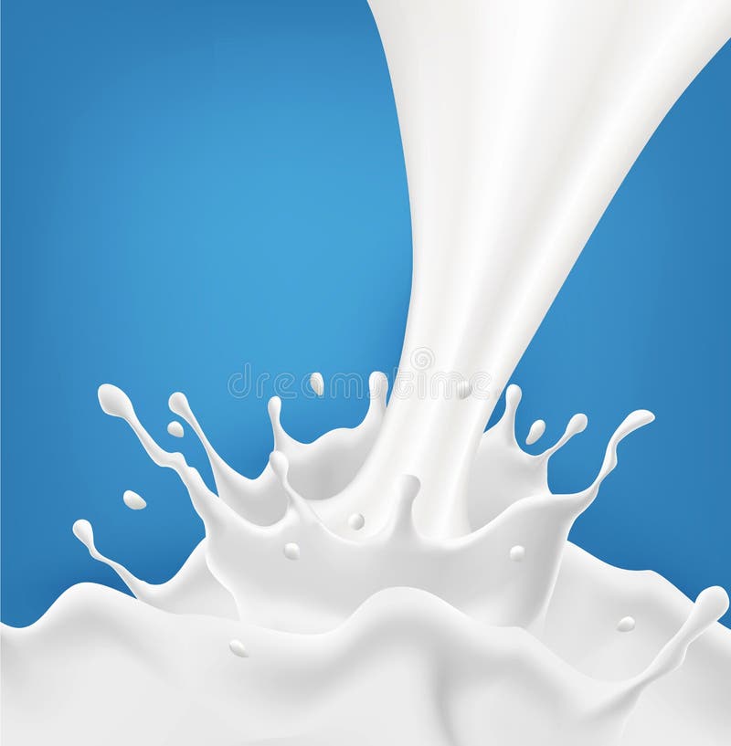 Vector milk splash with splashes isolated on a blue background.