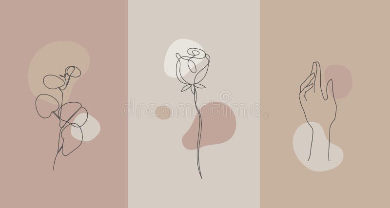 Vector Minimalist Style Plants Hand Line Flower Nude Colors Hand Drawn Abstract Print Stock